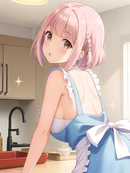 best quality, (masterpiece:1.2), highly detailed, (masterpiece), (illustration),
kitchen, day, indoor,
standing, from back, from behind, (upper body:1.2), face, face focus,
bent over,
nuke apron,
solo, 1girl, pink hair, braid, bangs, eyebrows visible through hair, short hair, brown eyes, sparkle, medium breasts,
shy, blush, (looking at viewer), POV, facing viewer, :o,
 <lora:Akari:0.7>