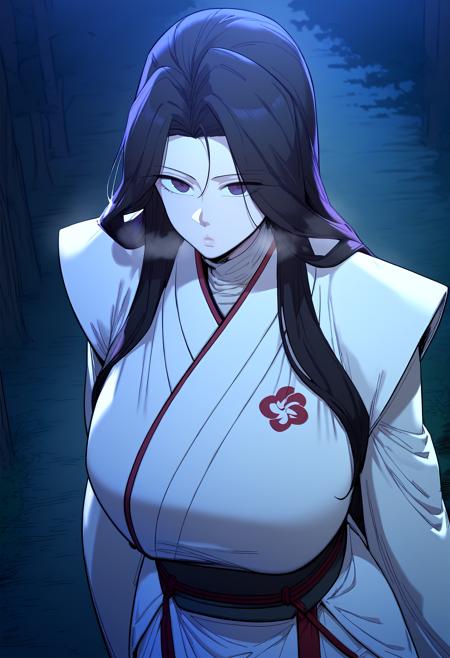 long hair, black hair, purple eyes japanese clothes, white kimono, turtleneck, long sleeves, long skirt japanese clothes, black kimono, turtleneck, long sleeves, long skirt