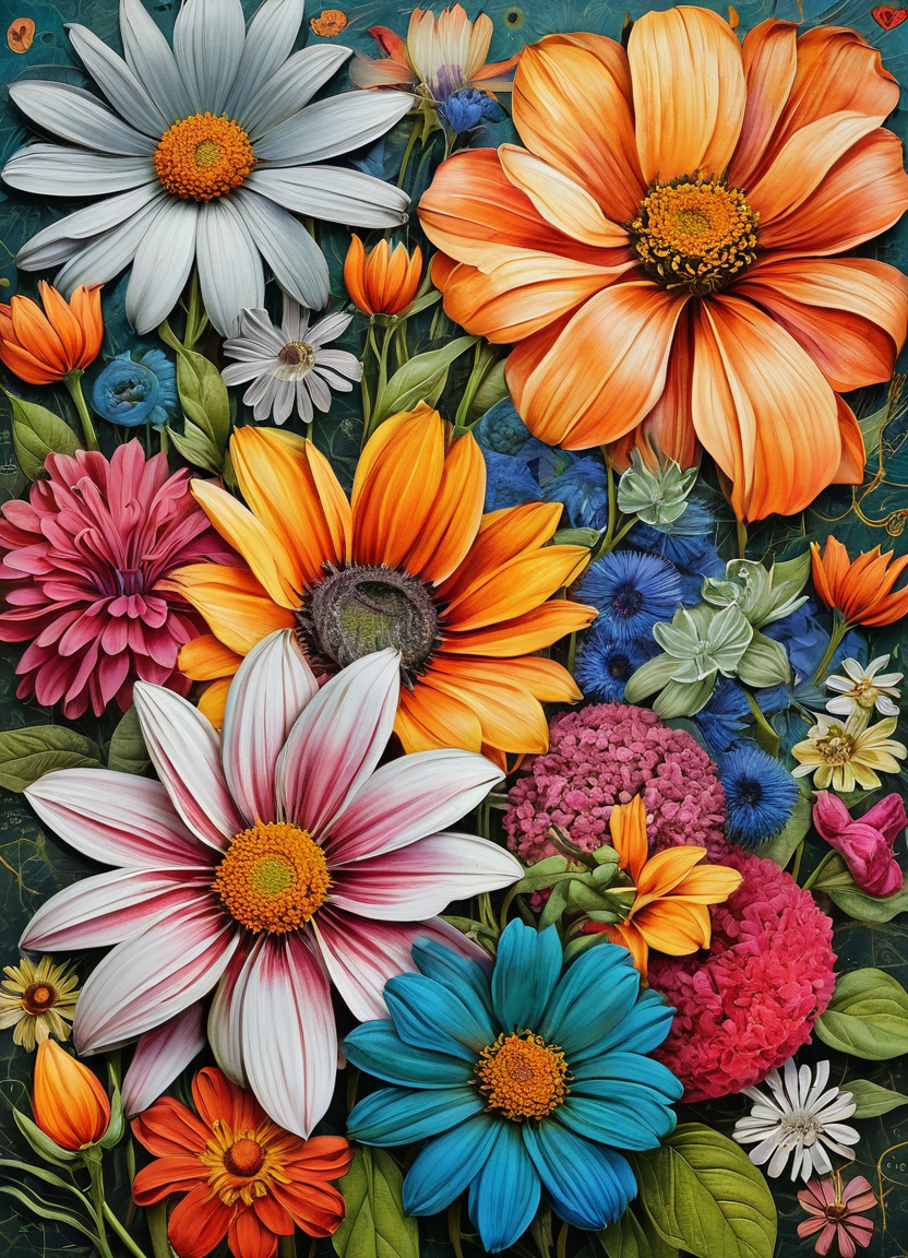 collage style, flowers, extremely detailed, colorful