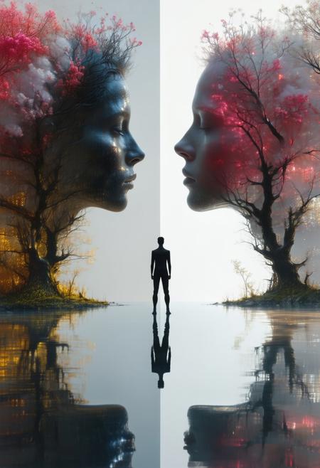 A figure stands face to face with their mirrored self, not a reflection but another being—same form, different aura. One radiates shadow, the other light. The world around them splits into two realms—one crumbling, one blooming. A surreal confrontation of self. ((Neo-Gnostic Realism))
<lora:FLUX-daubrez-DB4RZ-v2:0.55> <lora:Sinfully_Stylish_.02_for_FLUX:0.35> <lora:dystopia:0.6>