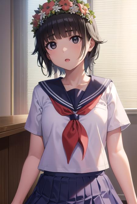 uiharukazari, <lyco:uiharukazari-lyco-nochekaiser:1>,
uiharu kazari, (black eyes:1.5), black hair, flower, hair flower, hair ornament, head wreath, short hair, bangs, blunt bangs,
BREAK armband, sakugawa school uniform, school uniform, serafuku, skirt, summer uniform, neckerchief, red neckerchief, blue sailor collar, blue skort, short sleeves,
BREAK looking at viewer, upper body, fully body,
BREAK indoors, classroom,
BREAK <lyco:GoodHands-beta2:1>, (masterpiece:1.2), best quality, high resolution, unity 8k wallpaper, (illustration:0.8), (beautiful detailed eyes:1.6), extremely detailed face, perfect lighting, extremely detailed CG, (perfect hands, perfect anatomy),