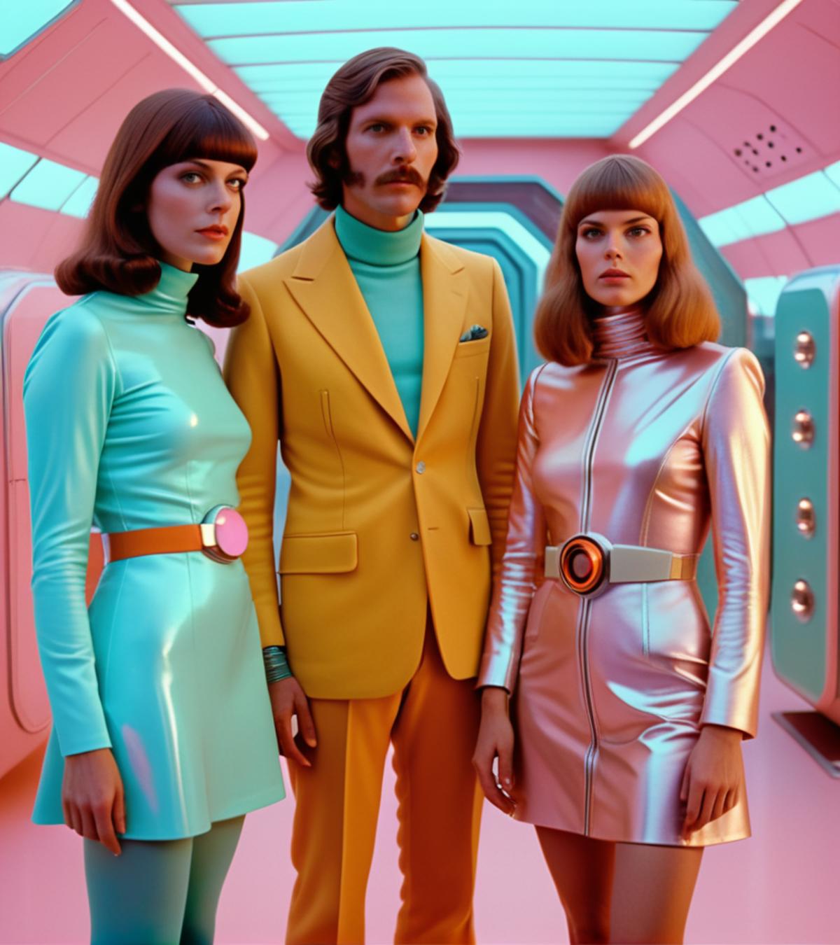 4k image from a 1970s science fiction film, imagem real, Estilo Wes Anderson, pastels colors, a man between two women wear...