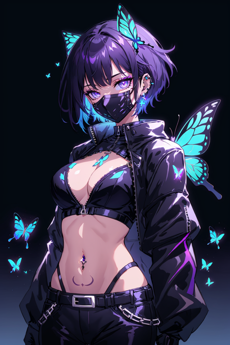 blacklightdskStyle, 1girl, solo, looking at viewer, short hair, bangs, blue eyes, black hair, long sleeves, navel, cleavage, jewelry, medium breasts, standing, purple hair, multicolored hair, cowboy shot, earrings, midriff, belt, pants, stomach, nail polish, crop top, groin, fingernails, sleeves past wrists, eyelashes, tattoo, mask, glowing, black pants, piercing, bug, black background, butterfly, black nails, zipper, arm behind back, arm at side, cropped jacket, mouth mask, covered mouth, shrug , (clothing), navel piercing, blue butterfly, black mask, masterpiece, official art, absurdres, 32k UHD, 4 point perspective, vantage point, <lora:blacklightstyle:0.8>