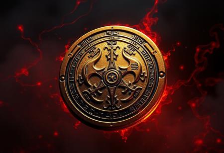 ancient seal, intricately carved with demonic symbols, glowing faintly with dark energy, radiant golden surface, runes etched into the metal, pulsating with forbidden power, surrounded by a dark aura, glowing crimson and gold hues, photorealism, high resolution, ((masterpiece)), surrounded by floating sigils, ancient and powerful, dark tendrils of energy seeping from the edges, suspended in mid-air, glowing red mist swirling around, revered occult artifact, divine and demonic energies intertwined, soft flickering light reflecting off polished metal