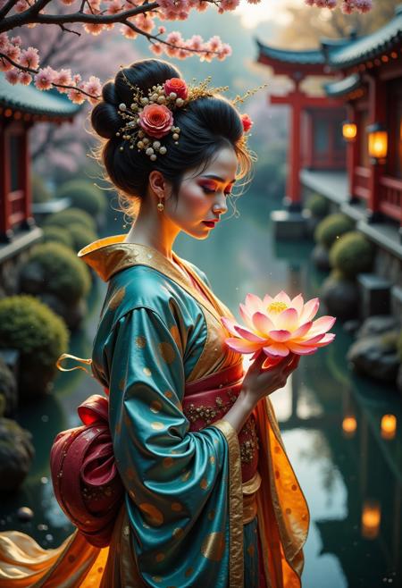 breathtaking scene of a legendary geisha standing in a misty, dreamlike Japanese garden at twilight. Her exquisitely embroidered silk kimono shimmers with intricate golden patterns, reflecting the lantern light. Delicate cherry blossoms swirl around her, carried by an ethereal wind. She holds a radiant lotus flower, glowing softly with an otherworldly aura, symbolizing serenity and wisdom. Her expression is both mysterious and elegant, framed by elaborate hair ornaments and jade hairpins. In the background, an ancient red torii gate rises from tranquil water, adding depth and mystique. The scene is rendered with ultra-detailed, cinematic lighting—hyperrealistic textures, smooth flowing silk, and dramatic contrasts between light and shadow. Photorealistic 8K resolution, masterpiece, dynamic composition, magical realism, epic storytelling, breathtaking color harmony.