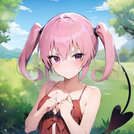 (best quality, masterpiece:1.2), solo, 1girl, Night Gown, disdain, nature,  <lora:nana_asta_deviluke:1>, pink eyes, twintails, demon tail