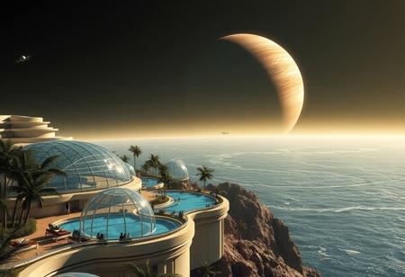 Masterpiece. Science fiction concept art. an artistic and tasteful sci-fi concept art of a luxury vacation resort on an ocean moon orbiting a Saturn-like gas giant. The foreground features sleek, futuristic resort structures with large glass domes housing tropical gardens and shimmering swimming pools. Visitors relax on elegant terraces overlooking the moon’s vast, tranquil ocean, reflecting the light of the distant gas giant. The gas giant fills the sky with its iconic rings and colorful, swirling bands, casting a golden glow on the scene. Small spacecraft glide gently across the horizon, adding a touch of advanced technology. The atmosphere is serene and opulent, blending natural beauty with sophisticated design. Use soft, warm lighting and a palette of blues, golds, and greens to evoke a sense of relaxation and wonder. high-res, semi realistic, best quality, intricate details, ultra details, good lighting, vibrant colors, very detailed, octane render, ray tracing,