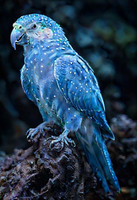 Ultrarealistic. parrot made of bioluminescent organisms