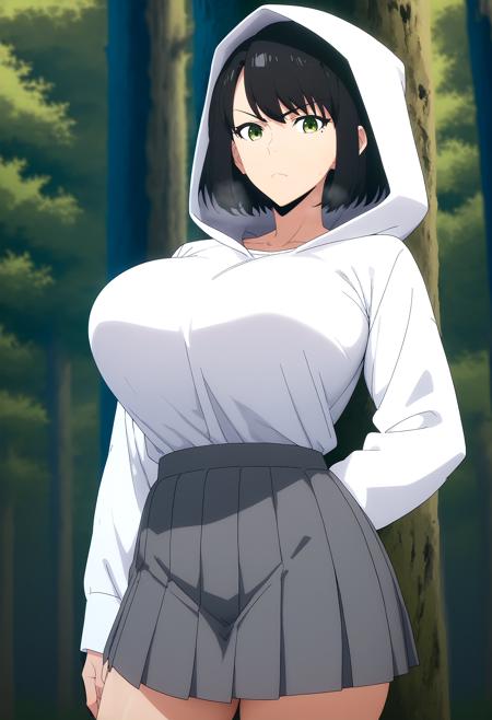 short hair, mole under eye, green eyes, black hair, bangs white hooded, white shirt, pleated skirt, grey skirt hood up