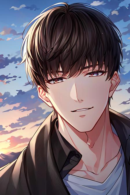 ((high_quality, distinct_image)), masterpiece, extremely_detailed_CG, overexposure, illustration, fair skin, 1boy, solo focus, short hair, xumo, looking at viewer, perfect_face, handsome, beautiful_detailed_hair, from_below, outdoors, light smile, dynamic_pose