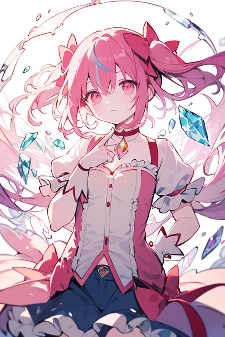 magical girl,kaname madoka,masterpiece,best quality,ultra highres,Sharpen,1girl,solo,shirt,middle finger,long hair,denim miniskirt,flower,t-shirt,red shirt,hands in pocket,(streaked hair:1.4),wavy hair,pink hair,navel,white background,<lora:lbc_xiaoyuan:0.6>,
BREAK
(((crystals texture Hair))),((beautiful detailed glass hair)),((glass shaped texture hand)),((crystallize texture body)),gem body,hands as clear as jewels,crystallization of clothes,((crystals texture skin)),sparkle,lens flare,light leaks,broken glass,detailed glass shaped clothes,beautiful detailed gemstone sky,gemstone sea,crystals texture flowers,((detailed crystallized clothing)),