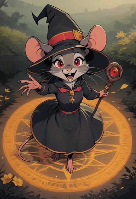 score_9, score_8_up, score_8, (solo), (solo:2), (fluffy:0.8), (feral), furry, (((mouse))), female, vivid red eyes, grey fur, black ears, claws, (fluffy cheeks:0.4), (black dress, witch hat), cute, in the style of beatrix potter, flat color, backlit, (high angle view:2), outdoors, (magic circle), look at viewer, cruel expression, (open mouth, talking), dynamic pose, (hold magical staff),