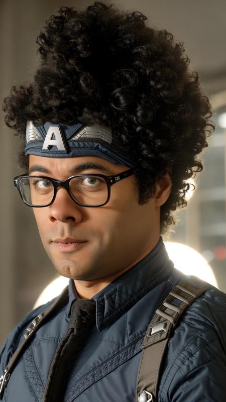 modelshoot style, muscular (Richard Ayoade as Moss), as (Captain America), intricate details, lens flare, intricate detailed face, 4k, 8k, hdr <lora:Richard-Ayoade-v10:0.7>