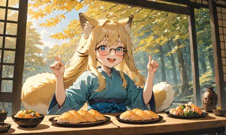 masterpiece, best quality, ultra-detailed, illustration,
1girl, glasses, blonde hair, long hair, fox ears, miko, hakama, smile, closed mouth, arms up, happy, pupils sparkling, 
oinarisan, food, still life, food focus, realistic, plate, leaf, table,
tatami, shouji, window_shade, blue sky, tree, wide shot, 
 <lora:oinarisan_SDXL_V1:1>