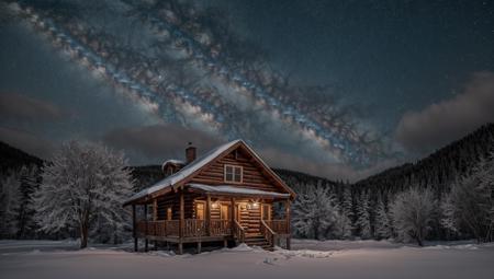 ((masterpiece:1.4,best quality)), cloud, outdoors, night, stars, moon
(mountains), spring glade, scenery, sky, winter, (cabin:1.2), tree,
 high detail, abundant, 8k, high detail, wallpaper,