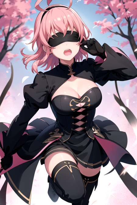 <lora:1Sakura-03:0.7>,sakuraptd, 1girl, solo, short hair, open mouth, thighhighs, gloves, long sleeves, dress, cleavage, medium breasts, weapon, pink hair, ahoge, hairband, boots, outdoors, teeth, black gloves, puffy sleeves, black thighhighs, black footwear, mole, black dress, tree, cosplay, clothing cutout, sparkle, thigh boots, cleavage cutout, black hairband, juliet sleeves, blindfold, brown thighhighs, covered eyes, thighhighs under boots, black blindfold, feather-trimmed sleeves