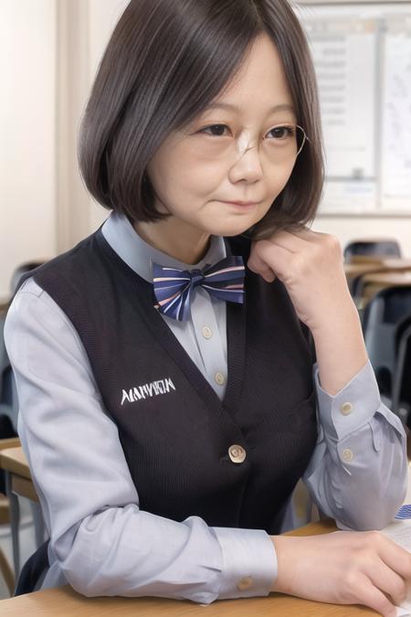 a woman wear a pair of glasses,sailor collar,bowtie,school uniform,