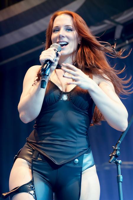 <lora:quiron_SimoneSimons_v4_lora:0.87>, realistic, cinematic scene, hero view,  cowboy shot,  SimoneSimonsQuiron woman, Simone Simons, singing at stage holding a microphone,  long red hair smiling at the camera