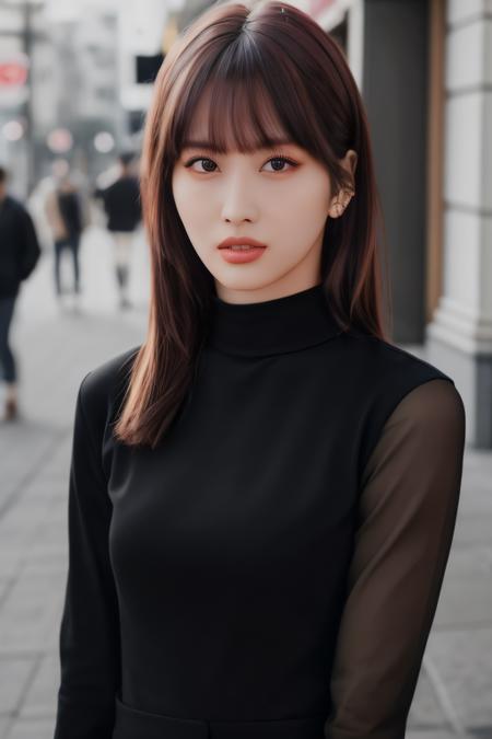 best quality, masterpiece, ultra high res, (photorealistic:1.4), momo1 a woman, light eye makeup, looking at the viewer, half body photo, black longsleeves, at the streets, <lora:httpmomo:1:lbw=FACES>