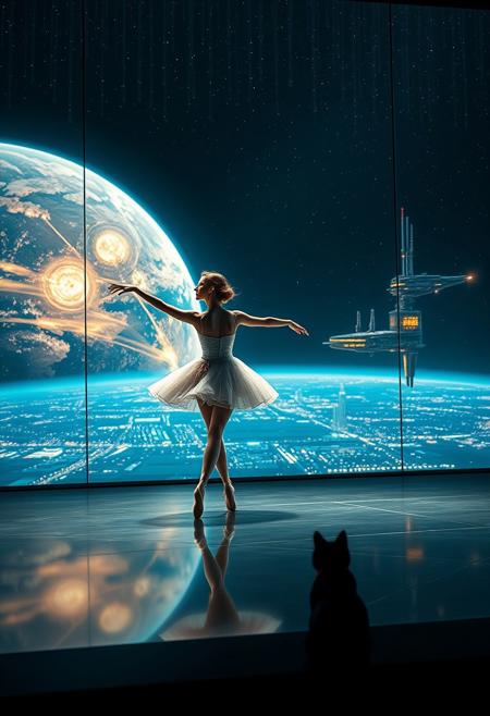 focus on a beautiful elegant female ballerina dancer on a futuristic stage micro-LED lighted, behind the dancer on the stage is an enormous seamless and futuristic wall to wall and floor to ceiling window that looks out at a planet from low orbit, the planet is covered with the lights of enormous structures with tiny dots of light and enormous cities that take up much of the surface.,  An enormous deco space station with futuristic lighting and an enormous space station are visible in the background among the stars, Artistic art deco, dynamic perspective, (((overall architectural aesthetic is Elegant Art Deco with a touch of Cyberpunk))).  Epic image that elicits a feeling of wonder and awe, a black cat with red collar sits at the edge of the stage watching,