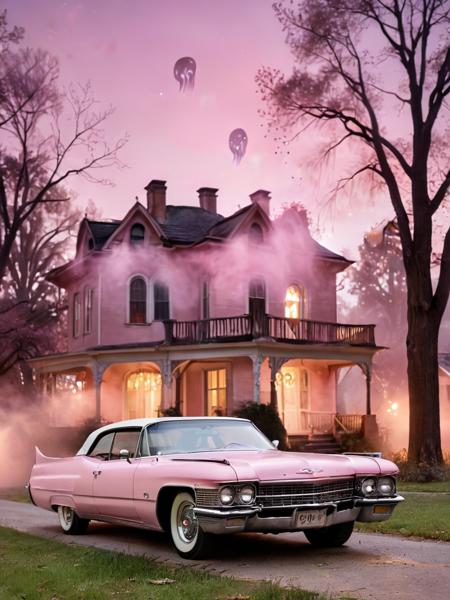 transparent ghosts, fog, blurry, pink cadillac, against the backdrop of an old house, trees, fireflies, (moon:0.5), web, sculptures, ais-ghostly  