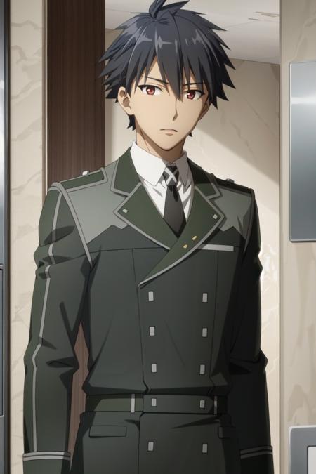 kisaragi hayato\(hundred\), solo, looking at viewer, short hair, bangs, black hair, red eyes, 1boy, hair between eyes, collarbone, male focus, necktie, collared shirt, uniform, military, military uniform, black necktie