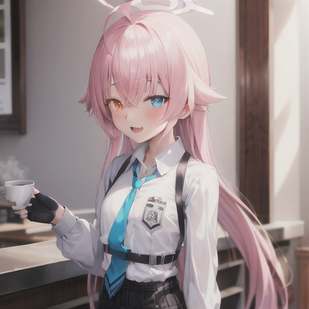 masterpiece, best quality, highres, 1girl, hoshino, white shirt, necktie, black gloves, fang, collared shirt, fingerless gloves, halo,  plaid skirt, blue necktie, heterochromia, coffee shop, <lora:blue_archive_hoshino-v1:0.7>