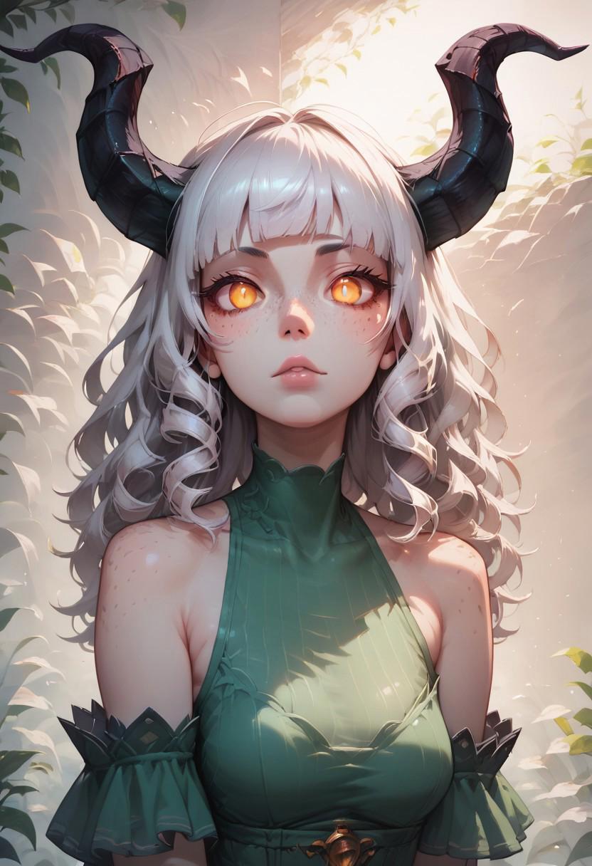 score_9, score_8_up, score_7_up, beautyfull color, aesthetic, BREAK 1girl, solo, twisted ram's horns, freckles, white hair, long bangs, golden eyes, vertical pupils, pale skin, green dress, BREAK medium shot, detailed background