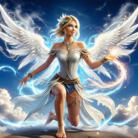 Cyberspace, glowing magical energy in cyberspace, a woman, blonde hair, wings, barefoot, solo, angel wings, standing, jewelry, dress, anklet, angel, feathered wings, short hair, full body, bare shoulders, looking at viewer, clouds background, white wings, toes, blue eyes, feet, bracelet, braid, smile, gem,sleeveless, armlet, laurel crown, closed mouth, realistic, photorealistic, lips, pants, flying, bracer, floating, toe ring, necklace