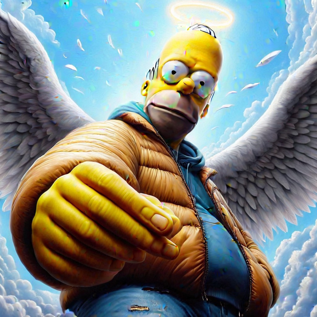 Homer Simpson , dynamic lighting, Octane Render, angelweed, puffpuffpass, detailed yellow skin,, details wings