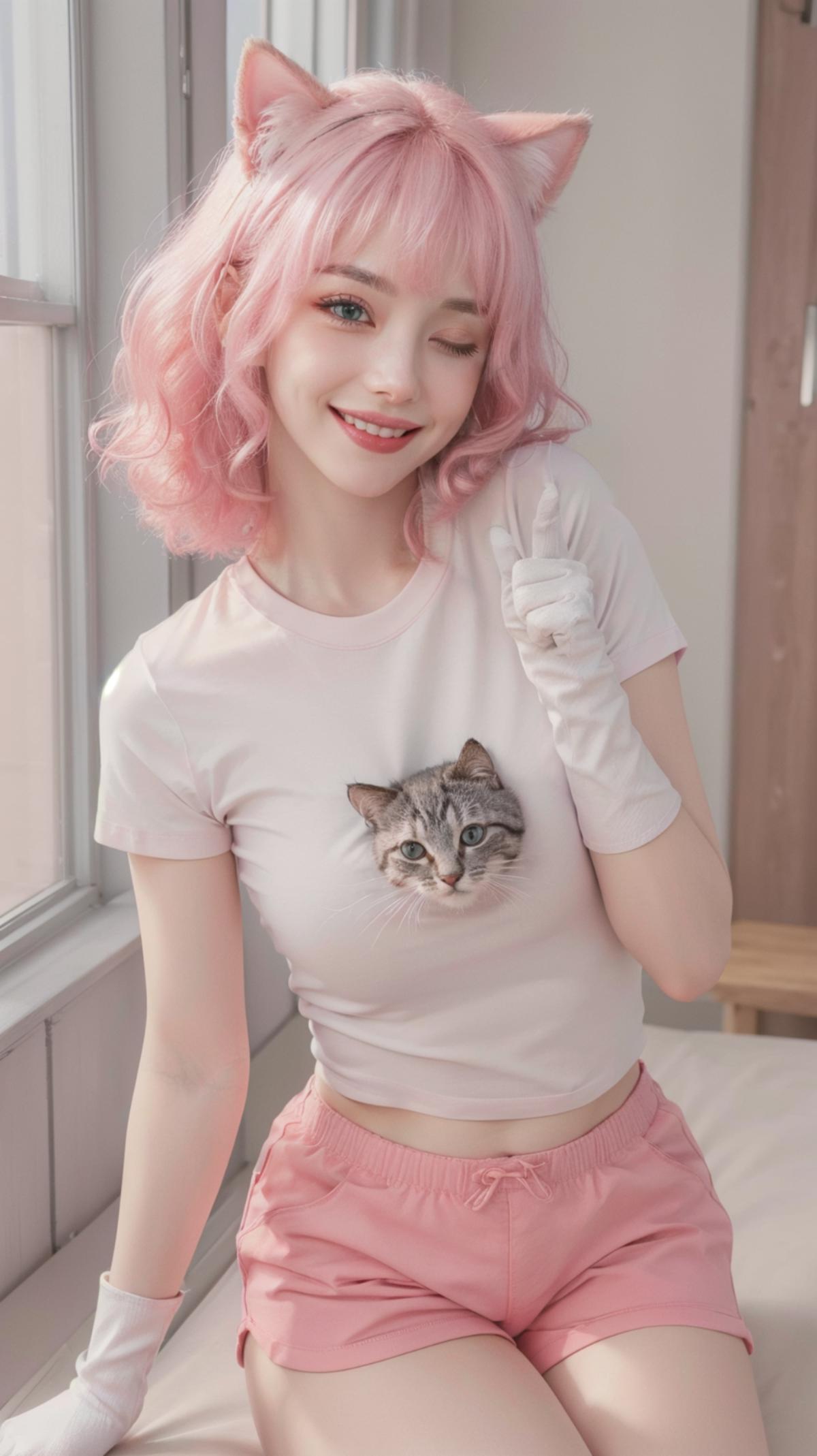 A young woman with pink hair is wearing a white shirt that has a cat sitting on her chest. She is smiling and pointing at the cat.