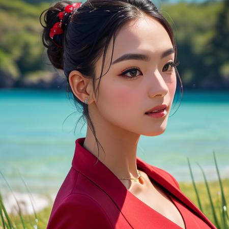 Nikon RAW photo,8 k,Fujifilm XT3,masterpiece, best quality, realistic, photorealistic,ultra detailed,1girl,solo,


close up portrait,
standing, beautiful blue sky,serene expression, luxury red dress, surrounded by a sea of grass,