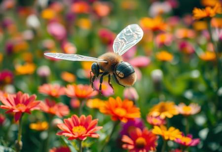 Imagine a close-up of a robotic bee hovering in mid-air, its delicate metal wings shimmering in the sunlight. Surrounding it is a vibrant garden filled with colorful flowers, each petal telling a story of life and beauty. The bee seems to dance gracefully, merging engineering precision with the elegance of nature. In this intersection of technology and the environment, we sense the human desire to harmonize innovation with the natural world.”