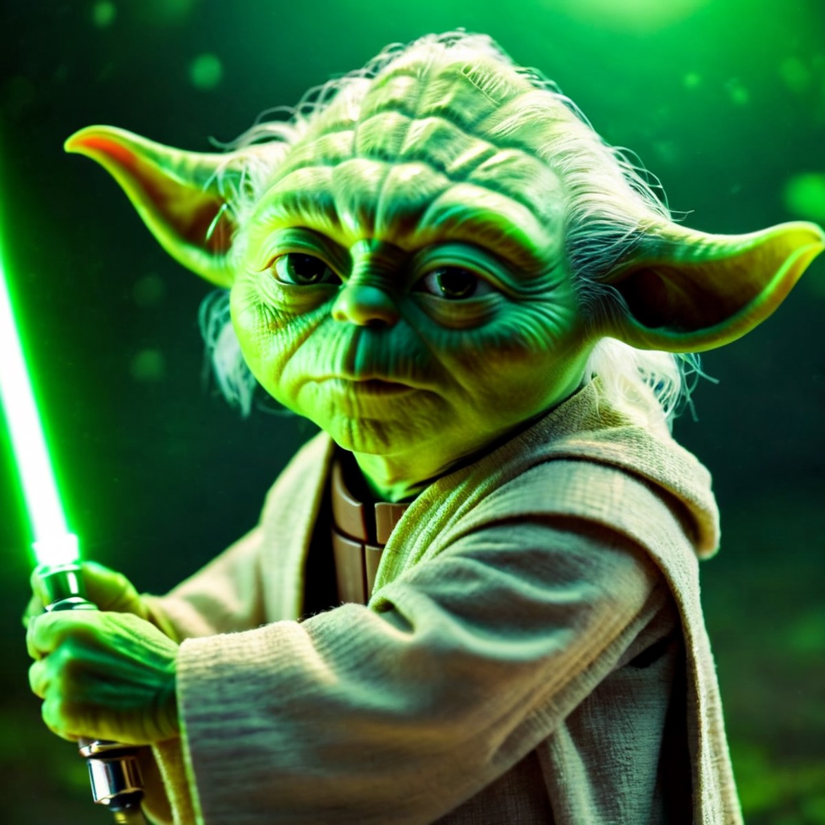 cinematic film still of  <lora:Yoda:1.2>
Yoda a cartoon yodah with a green light saber and jedi rob costume In Star Wars U...