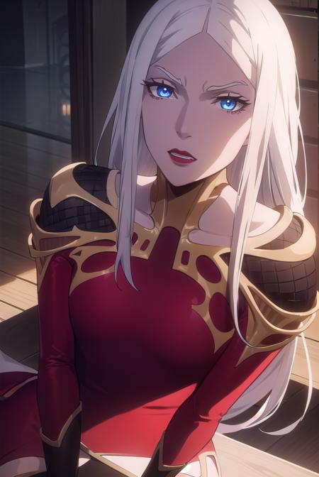 carmilla, long hair, white hair, lipstick, blue eyes, makeup, dress, red dress, center opening,