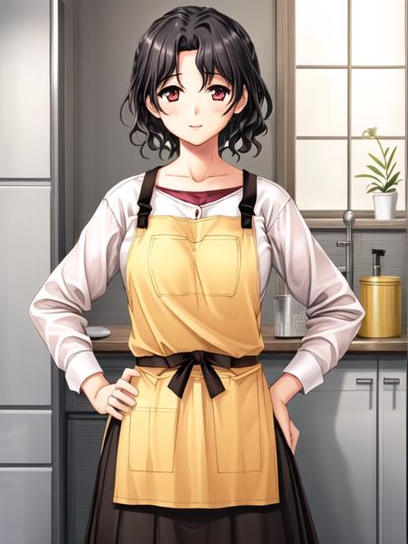 yuzuhara_haruka, white shirt,yellow apron, black skirt, long skirt,