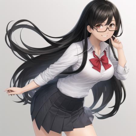 hanekawa, glasses, school uniform,  looking at viewer,  simple background, long hair, medium breasts, black hair, light smile,