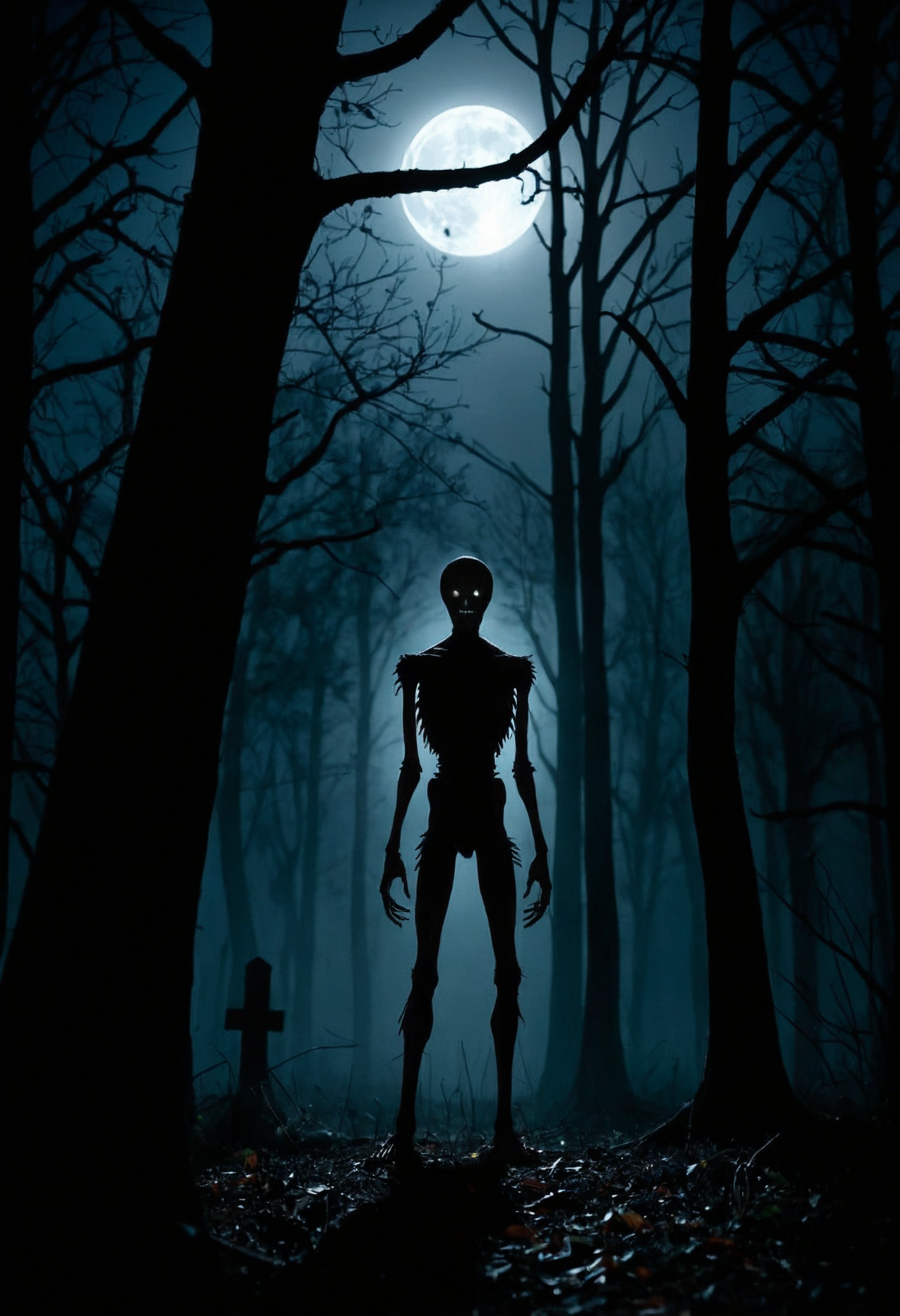 at night in the woods, moon light, dimly lit, creepy tall figure behind tree, eerie, nearly hidden, in shadows, horror theme