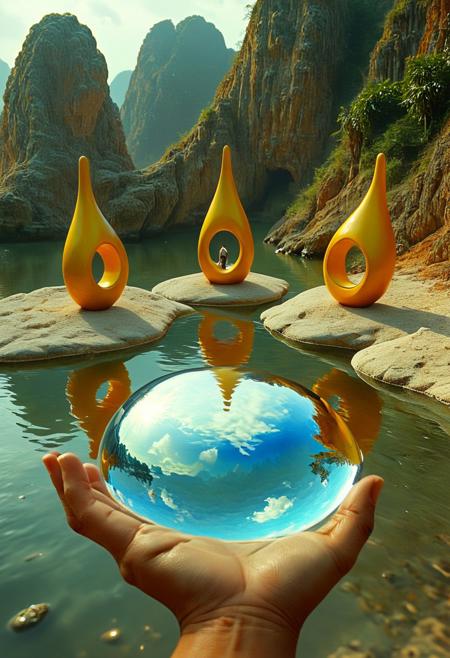 stoneplay69 bizarre sculptures of geometric swooping shapes, the designs make optical illusions that appear to be Hand but subtle indications of hands, no eyes, no eyeballs. The scene is in an Thailand countryside 8K  photorealistic precision, bringing clarity to every line and surface. Roberto Bernardi’s crystal-clear reflections in the water mirror the Rock Gold and surrounding buildings, enhancing the peaceful atmosphere. David Kassan’s finely rendered human figures add a quiet, lived-in feeling, infusing the scene with subtle life and movement. Together, they create a tranquil coastal moment.
vivid colors.
detailmaximizer, aidmaMJ6.1,  Movie Still, Film Still, Cinematic, Cinematic Shot, Cinematic Lighting, detailxl, flux-style, midjourneyv6.1