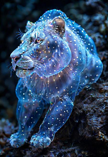 Ultrarealistic. lion  made of bioluminescent organisms