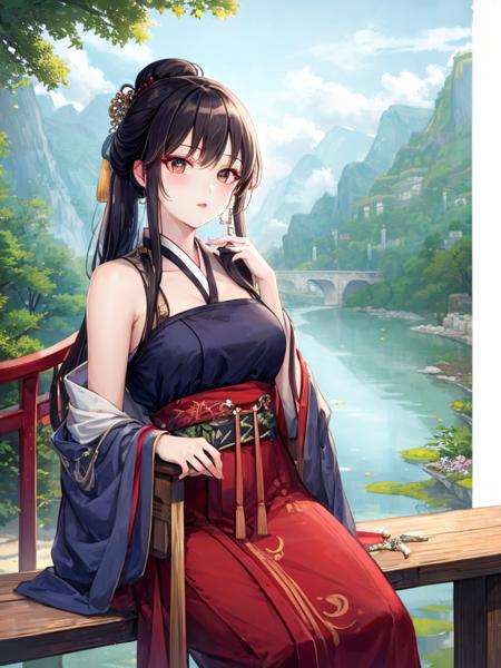 ru_qun,best_quality,head,original_outfit,hanfu,clear details,masterpiece, best_quality, clear details,1girl,Chinese park background,sitting,cowboy shot,   <lora:ruqun-000009:1>