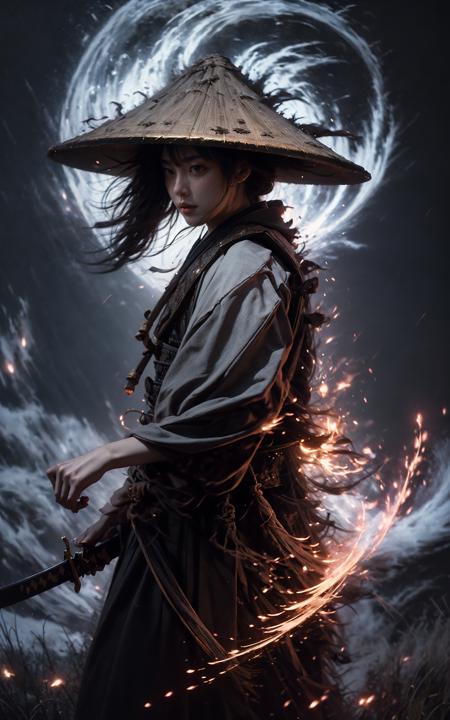 a Chinese warrior with his holding a sword, swirling cyclone, bamboo hat, super wide-angle lens, colorful arrangements, shige's visual aesthetic style, made of flowers, claire-obscure lighting, dark orange and teal, i can't believe how beautiful this is, in the style of zhang jingna, photomontage, hirohiko araki, oriental, sergio toppi, theatrical, feminine sensibilities
(glow, light pollution:1.5)drawing a Long, super long katana,holding one Long, super long katana,
<lora:~Q?-e{  bamboo hat:1>