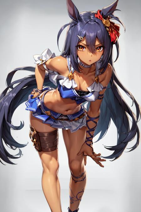 masterpiece, best quality, 
hishi amazon \(umamusume\), 
full body,
crop top, bandeau, white choker, single sleeves, arm ribbon, pleated skirt, thigh strap, white skirt, miniskirt, bikini skirt, layered skirt, thigh strap, leg ribbon, blue footwear, 
hand on hip, hand on own thigh, leaning forward, 
 <lora:hishi_amazon_lora:0.8>