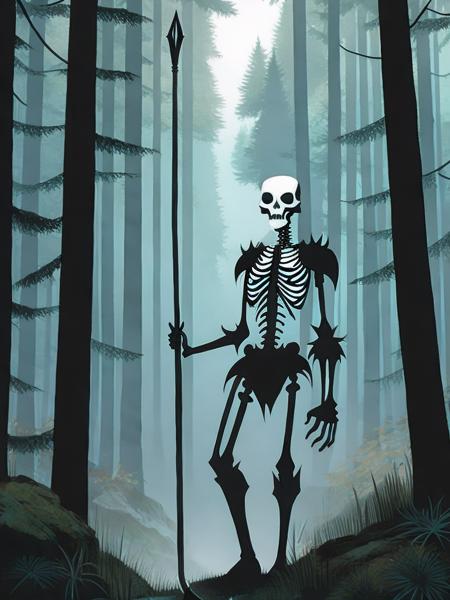 <lora:MikeMignola:1>an illustration of a skeleton holding a staff in a forest with skulls around it by Mike Mignola