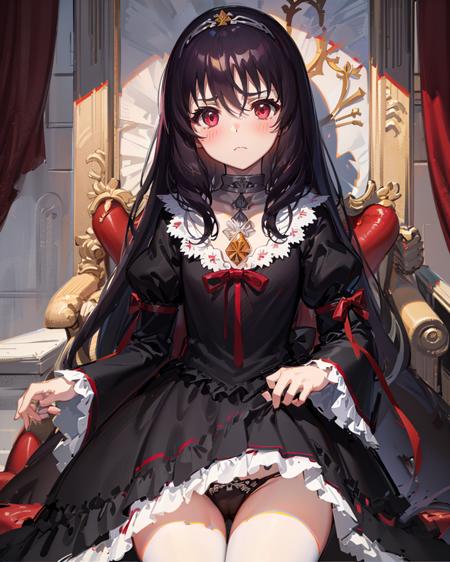 1girl,dalian, black_hair,flat chest,black dress, <lora:DalianAnimeV1:0.9>,light frown,skirt lift, blush,strawberry panties,