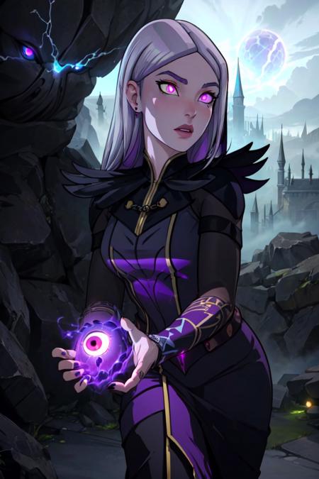 (Claudia), black dress, long hair, black fingernails, (casting purple magic), purple magic surrounding her, magic, casting a spell, (purple glowing eyes, hair half white:1.5), (realistic:1.2), (masterpiece:1.2), (full-body-shot:1),(Cowboy-shot:1.2), dark romantic lighting, (highly detailed:1.2), (detailed face:1.2), (gradients), colorful, detailed eyes, (natural lighting:1.2), solo, <lora:add_detail:0.3> <lora:DragonPrinceClaudia-10:0.8> <lora:BeautifulEyes:0.3>