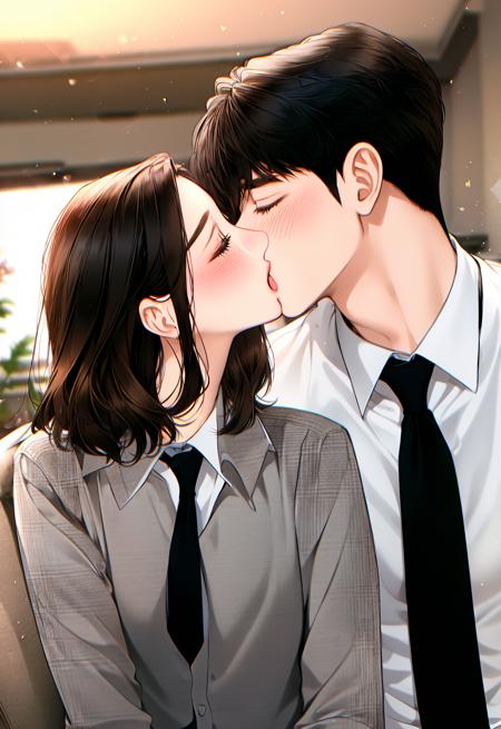 Concept art, love themes, illustrations, 1girl, hetero, 1boy, kiss, closed eyes, shirt, brown hair, blush, necktie, couple, blurry, long sleeves, upper body, white shirt, medium hair, black hair, blurry background, indoors, long hair, black necktie, couch, collared shirt, short hair, grey shirt<lora:dibian2:0.8>,