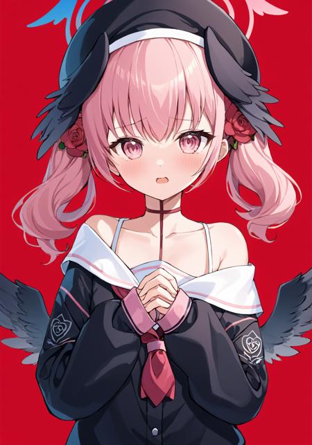 breathtaking, 
koharu \(blue archive\), 1girl, solo, head wings, halo, blush, looking at viewer, twintails, black wings, simple background, feathered wings, white sailor collar, off shoulder, long sleeves, red background, black headwear, pink neckerchief, beret, collarbone, low wings, black shirt, upper body, sleeves past wrists, own hands together, school uniform, open mouth, choker, rose, red flower, parted lips, winged hat, hair flower
 . gorgeous,key visual, vibrant, studio anime,award-winning, professional, highly detailed,high budget, cinemascope <lora:ShimoeKoharu_v2:1>