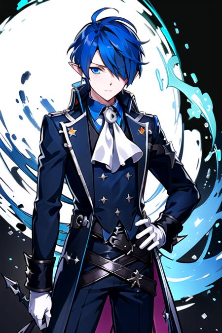 <lora:CielElsword-10:0.7> , ciel, solo, long hair, looking at viewer, blue eyes, shirt, gloves, 1boy, blue hair, male focus, pointy ears, belt, pants, white gloves, hair over one eye, coat, hand on hip, ascot, blue shirt, black background, white pants