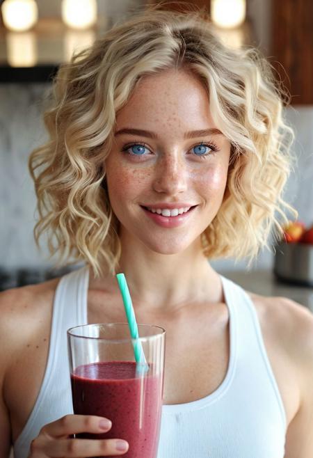 Drinking smoothie, wide-angle view, ((full-figure visible:2.0)), entire body in frame, kitchen overview, ((spacious composition:1.5)), head to toe in shot, standing in kitchen, kitchen advertisement, full body, lips touching glass, glass in front of mouth, (open mouth:1.2), DRINKING, (SMOOTHIE:2.0), drinking smoothie, DEEP RED smoothie, smoothie in glass, perfect fruits, perfect glass, perfect fingers,  gym clothing, sports clothes, white top, white sporttop, athletic clothing, happy, smiling, laughing, beautiful girl, short light blonde wavy hair, above shoulder length blond curly hair, bob cut, blue eyes, blue eyes:1.1, perfect eyes, extremely detailed eyes, extremely detailed face, textured skin, photorealistic, hyperdetailed:1.2, insane details, natural look, cute face, stunningly beautiful, pale skin, freckles, blush, detailed skin, extremely detailed, 1girl, shoulders, arms, breasts, hips, hands, perfect hands, perfect feet, perfect eyes, perfect nails, upper legs, legs, happy, open mouth, perfect teeth, in the kitchen, marble kitchen block, modern kitchen, 4K, RAW, best quality, masterpiece, ultra-detailed, hyperrealism:1.2, RAW photo, best quality, realistic, photo-realistic:1.3, best quality, masterpiece, extremely delicate and beautiful, extremely detailed natural lighting, bokeh:1.2, Porta 160 color, shot on ARRI ALEXA 65, Fujifilm XT-3, WARMER LIGHTING, sunny kitchen, warm sunlight, sun rays, inviting atmosphere
